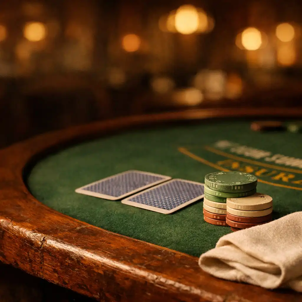 Közelkép egy blackjack asztalról: fa perem, kártyák, kerámia zsetonok és puha vászon szalvéta meleg fényben