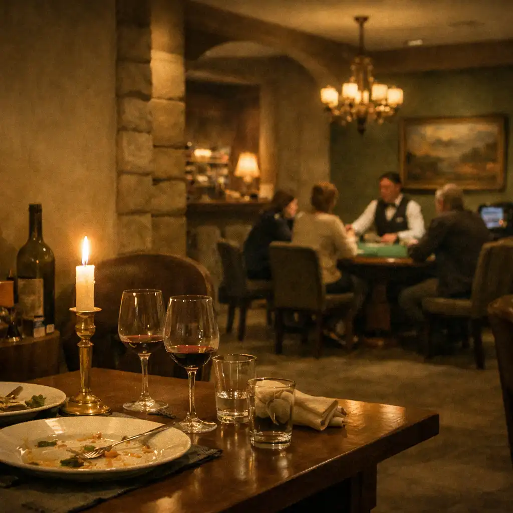 Csendes étkező lounge, ahol a vacsora után a háttérben egy blackjack asztal is látható, meleg, tompított fényben